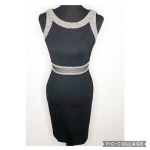 WHBM black white tan tweed beaded trim sleeveless sheath dress size 6 classic